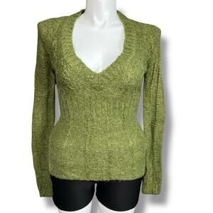 Arizona Jean Co Womens Y2K Knit Sweater Pullover V Neck Fitted Long Sleeve Green